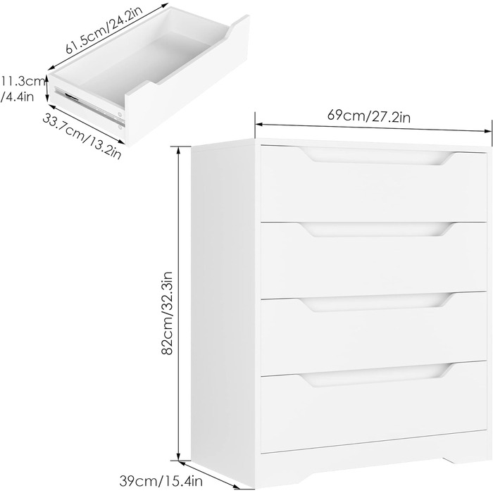 Комод, сервант з 4 шухлядами, велике місце для зберігання, 69x39x82см (Білий)