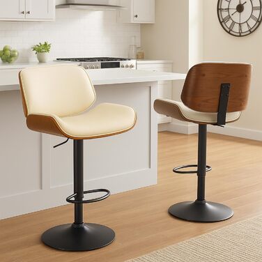 Барний стілець CLP Beverley з штучної шкіри, регульована висота та поворотний, дерев'яний, з підніжкою, колір: горіх/кремовий