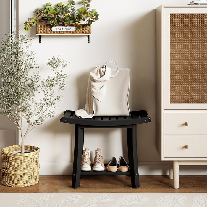 Двомісний стілець для душу HOMASIS з полицею, витримує до 170 кг, з HDPE, з 2 ручками та антиковзними накладками, для літніх людей та дорослих (Чорний)