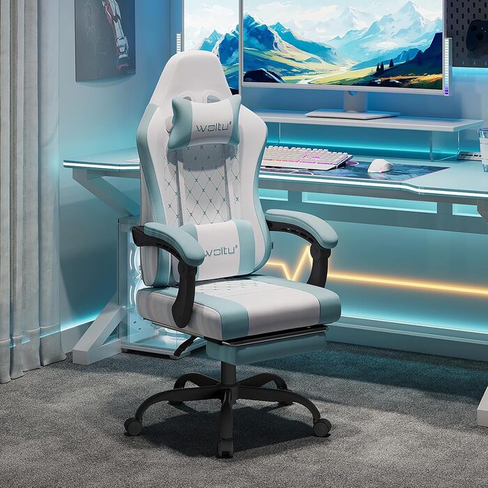 Ігровий крісло WOLTU з масажем, комп'ютерне ергономічне крісло, кишенькові пружинні подушки, масаж попереку, підголовник, підніжка, поворотне крісло, 150 кг, Рожевий+Білий, сітчаста тканина