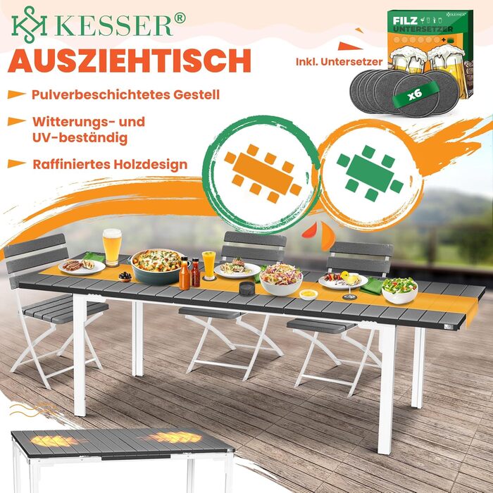 Розкладний садовий стіл KESSER® 180/240x90 см для 8 осіб. Стіл з розширенням, сталеве покриття, HDPE стільниця, стійкий до погодних умов та УФ-випромінювання. В комплекті 6 підставок з фетру (антрацит/білий).