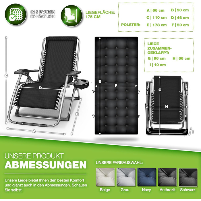 Розкладний шезлонг Tillvex® для саду та відпочинку | Макс. 200 кг, регульований, з товстим матрацом та подушкою для шиї | Чорний