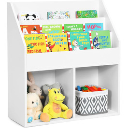Дитяча книжкова шафа COSTWAY, дерев'яна стійка для іграшок з 3-ярусним відділенням і 2 полицями, дитяча полиця 2 в 1 Полиця для зберігання дитячої кімнати, ігрова кімната, біла, 70 x 30 x 80 см