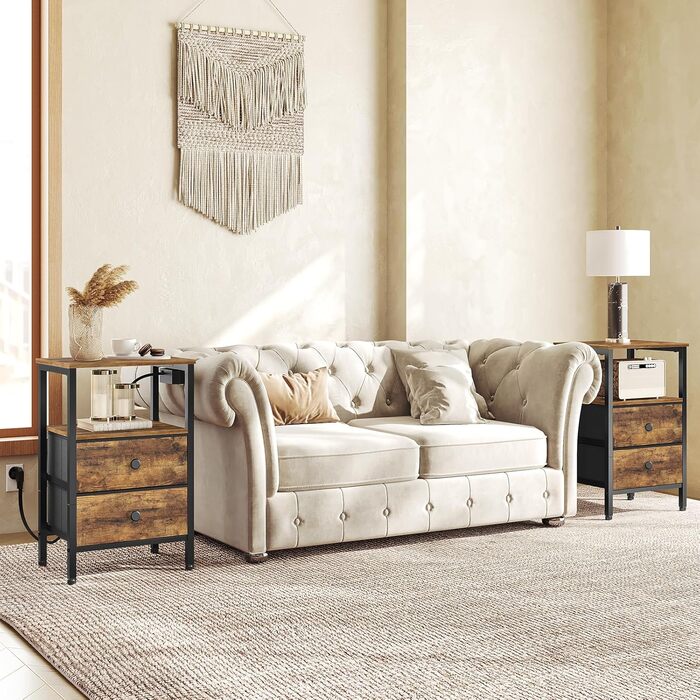 Нічний столик з підзарядкою, тумбочка з 2 шухлядами, приліжний столик з USB-портами та полицями, для вітальні, спальні, вінтажний коричневий та чорний XET02CBRY (2)