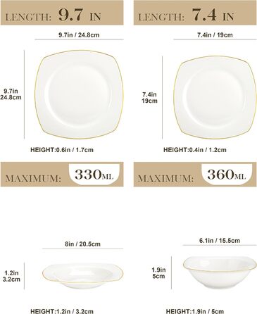 Набір посуду MALACASA для 4, комбінований сервіз з кістяного фарфору з 16 предметів серії RAFA, круглий білий сервіз із золотою обробкою, з