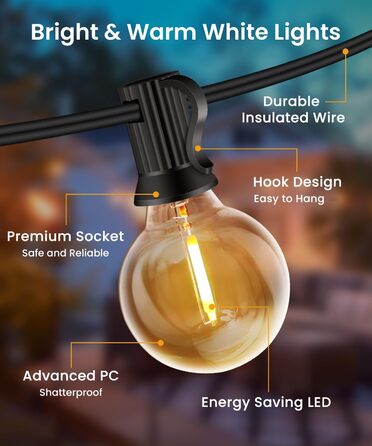 LED гірлянда для вулиці, 20м, G40, 30+2 лампочки, пластик, IP44, тепле біле світло, для саду, вечірки, шлюбної церемонії