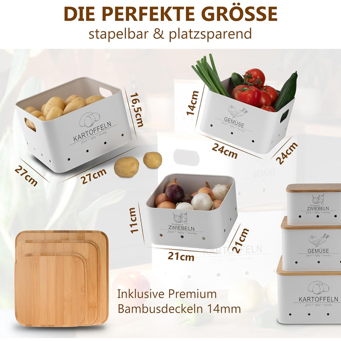 Коробки для зберігання картоплі MNKsolution (3 шт) з кришкою - для картоплі, овочів, цибулі, часнику - органайзер для кухні, контейнери для продуктів (білий)