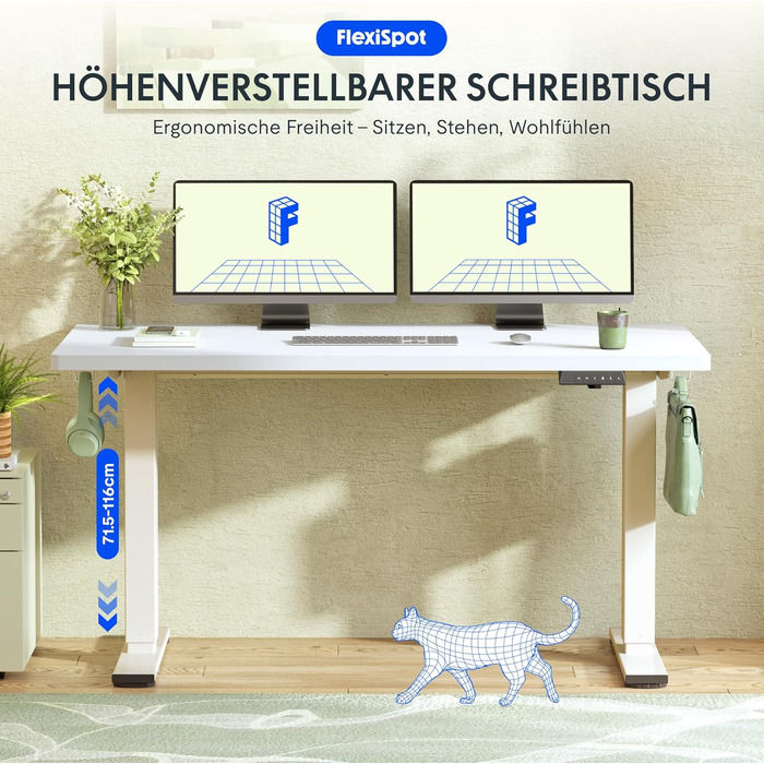 Регульований за висотою стіл FLEXISPOT 160x80 см з гачками, з суцільною стільницею 25 мм, ергономічний стіл з LED-дисплеєм висоти та функцією пам'яті (береза, білий). Структура береза+білий (160 x 80 см, білий+м'який білий)