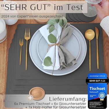 Набір з 6 преміум-підкладок для столу Mahewa® з штучної шкіри - підкладки під тарілки, миючі та водонепроникні, в шкіряному стилі (темно-сірий, квадратні з тримачем)