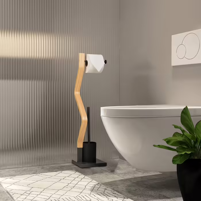 WC гарнітур Relaxdays: підлоговий тримач для туалетного паперу, туалетна щітка з підставкою, 75x18,5x18,5 см, сірий/натуральний