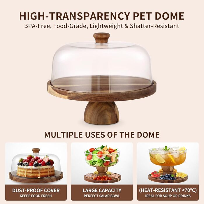 Дзеркальна підставка для тортів 30 см з дерева | Двостороння тортівниця з ніжками та кришкою (PET) | Кришка для тортів/кришка для пирогів | Універсальна підставка для тортів для весілля, дня народження, чаювання