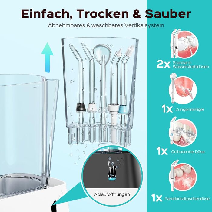 Електрична зубна душ COSLUS Munddusche Professional з 2 режимами та 12 рівнями тиску – 600 мл резервуар для води. Підходить для сімей, ентузіастів орального здоров'я та пацієнтів з ортодонтичними конструкціями. 5 насадок, чорний колір.