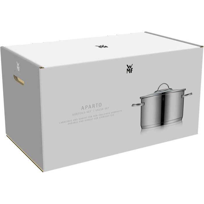 Набір каструль WMF Aparto Induktion 6-teilig з нержавіючої сталі Cromargan, з кришкою з термостійкого скла, без антипригарного покриття, придатний для індукційних плит та посудомийної машини