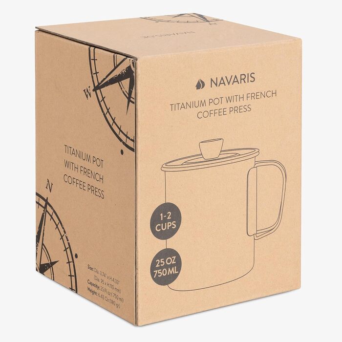 Титанова чашка Navaris з френч-пресом з нержавіючої сталі - 750 мл - Кавоварка френч-прес Ø 9,5 х 11 см - Кавоварка для пресування - також для чаю