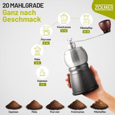 Ручна кавомолка Manuell з нержавіючою сталею, регульовані ступені помелу для еспресо, фільтр-кави та моки – компактна та міцна