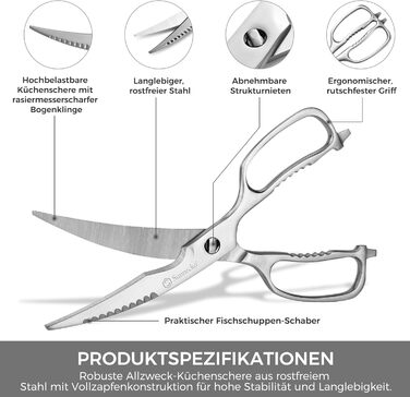 Кухонні ножиці Sunnecko 8 дюймів (20 см) - універсальні, з подрібнювачем горіхів, з ергономічною ручкою, знімні леза, з нержавіючої сталі