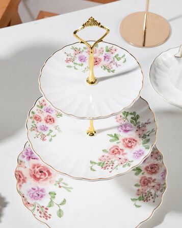 Стійка для тістечок Sweejar Home з кераміки, 3 яруси, для весілля, десертів, капкейків, чаювання, сервірування їжі (Рожева троянда)