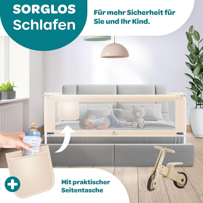 Захисний бортик для ліжка KESSER® 150 см, сітчастий, складаний та регульований по висоті, захист від випадання для дітей та немовлят, бежевий