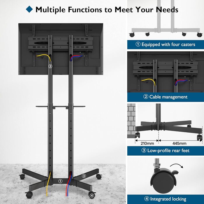 Тумба під телевізор BONTEC з колесами, регулюється по висоті для телевізорів 32-85 дюймів до 60 кг, VESA 600x400 мм