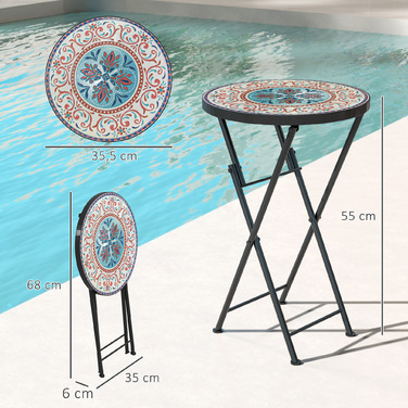 Outsunny Side Table Складаний садовий стіл з мозаїчним дизайном, Ø35.5 x 55 см Круглий атмосферостійкий металевий балконний стіл, Кемпінговий стіл Розкладний стіл Журнальний столик для вітальні, офіс, Відкритий Внутрішній, Багатокольоровий