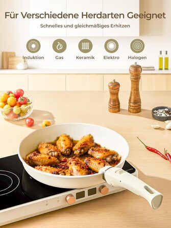 Набір посуду FOHERE 8 предметів: каструлі та сковороди з 2 знімними ручками, сковорода 20/28 см, каструлі 2.6/1.4 л, підходить для всіх плит (індукція), безпечний у духовці та посудомийній машині, бежевий