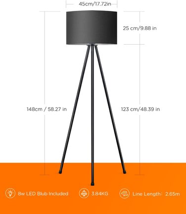 Світлодіодна підлогова лампа Tomons з димером, чорна. Сучасна торшер на тринозі з металу для вітальні та спальні, лампа для читання