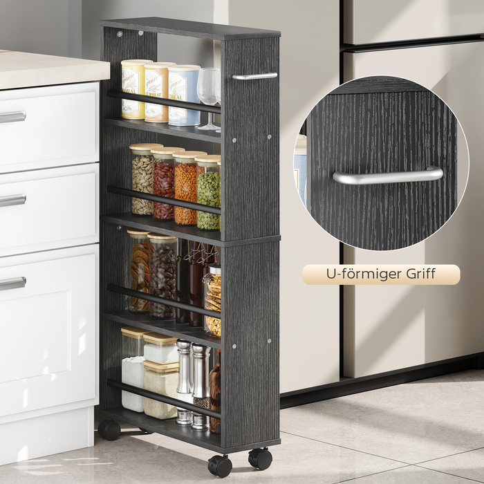 Багатофункціональна полиця на колесах, вузький дизайн, 4 відділення, 45x15x91 см, Чорний