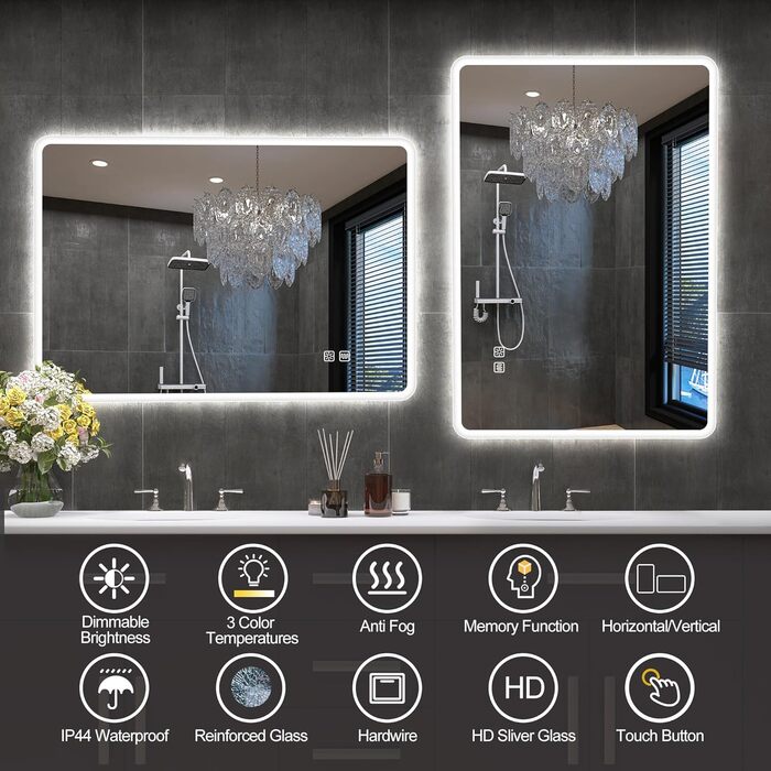 Дзеркало для ванної кімнати S'bagno з підсвічуванням 80x60 см, Bluetooth, 5x лупа, протитуманне покриття, 3 кольори, регулювання яскравості, пам'ять налаштувань, загартоване скло, IP44 вологостійкість, горизонтальне/вертикальне встановлення