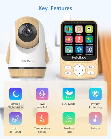 Радіоняня HelloBaby з камерою, 29 годин роботи, монітор для немовлят з поворотним механізмом, нічна зйомка, двосторонній зв'язок (HB6340)