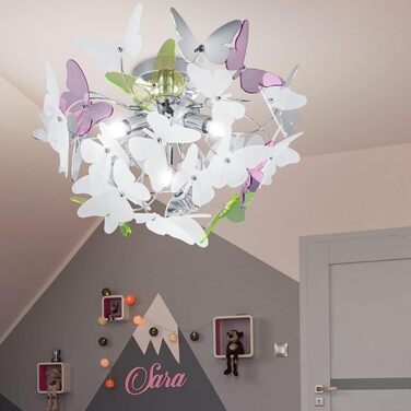 Стельовий світильник для дитячої стельовий світильник в дизайні метелика, металевий хромований акрил, кольоровий, IP20, DM x висота 45x28см, дитяча ігрова кімната