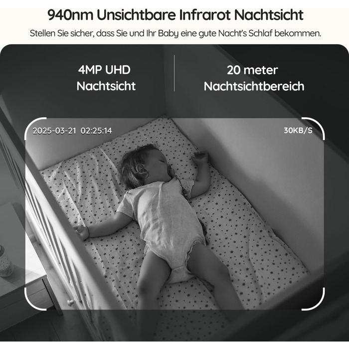 Відеоняня BOIFUN з камерою Wi-Fi 4MP, моніторинг через додаток, виявлення положення дитини, нічник, нічна зйомка, датчик руху/плачу/звуку, автотрекінг, сповіщення про вихід за межі зони