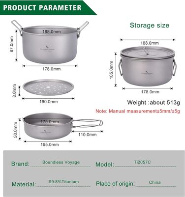 Набір посуду iBasingo Titan для кемпінгу: каструля 1.9L та сковорода 900ml з кришкою. Легкий, портативний, з кришкою, для приготування їжі на відкритому повітрі та вдома. Ti2057C