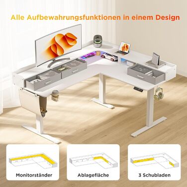 Електричний кутовий стіл L-подібної форми, 160 x 140 см, з 3 висувними ящиками, регулювання висоти, для офісу, ігрової кімнати, дому