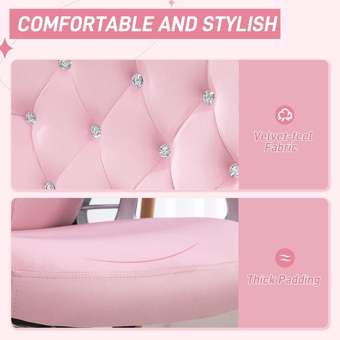 Крісло для офісу Vinsetto з велюровою оббивкою, комп'ютерне крісло з кнопками та виразною спинкою, поворотні колеса, регульована висота та нахил (рожеве)