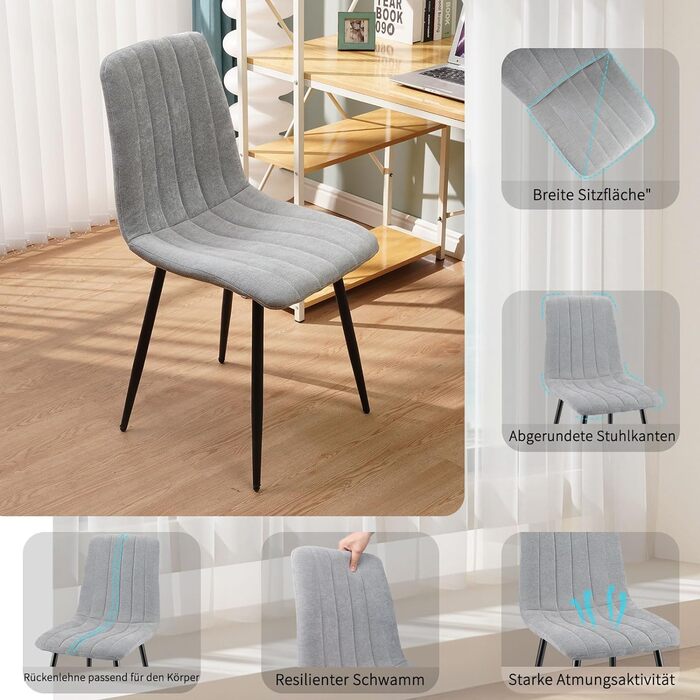 Набір з 4-х оббитих стільців для їдальні з тканини льон та чорними металевими ніжками, смугастий дизайн, для їдальні, вітальні, спальні, кухні, рецепції, сірий