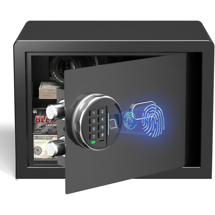 Сейф Grimtron з біометричним сканером відбитків пальців – 22L, LED-підсвічування, тихий режим, захист від злодіїв, нержавіюча сталь, чорний