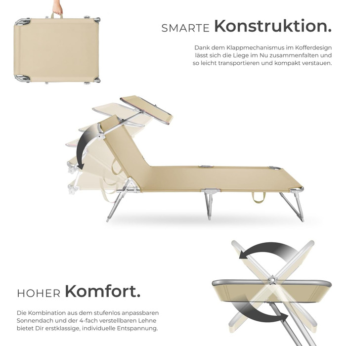 Лежак для саду Tectake з сонцезахистом, розкладний, для балкону/тераси, з регульованою спинкою, пляжний, до 110 кг, сірий (Бежевий | № 400656)