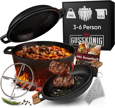 Голландська піч 2в1 з чавуну, 4.8л + сковорода з чавуну 1.8л - набір посуду для приготування, BBQ, кемпінгу та кухні. З кулінарною книгою та аксесуарами. 30 років гарантії. Чорний колір.