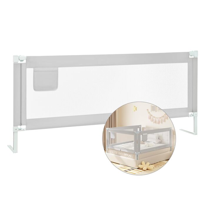 Бортик для ліжка WOLTU 150 см, захисний бортик для дітей та немовлят, висота регулюється 69-87 см, тканина Оксфорд, металевий каркас, світло-сірий