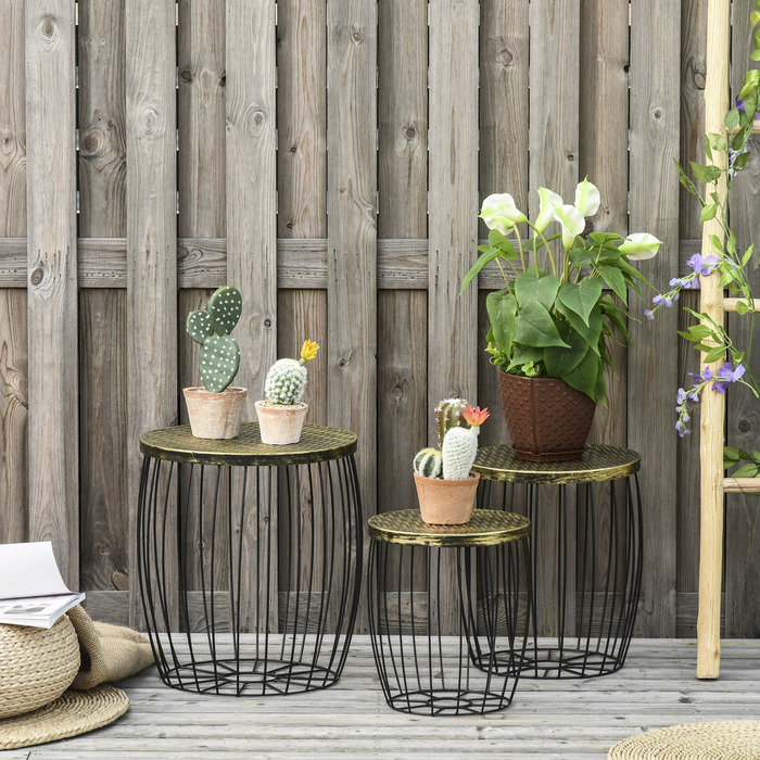 Outsunny Side Tables Набір з 3 металевих кошиків в ретро стилі натуральний+чорний 3 розміри