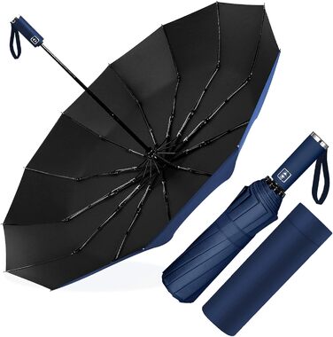 Полігоно-парасолька штормовийка, кишенькова парасолька автоматична відкривати і закривати для чоловіків і жінок, компактна, 12 кістяних парасольок велика, діаметр 105 см (темно-синій)