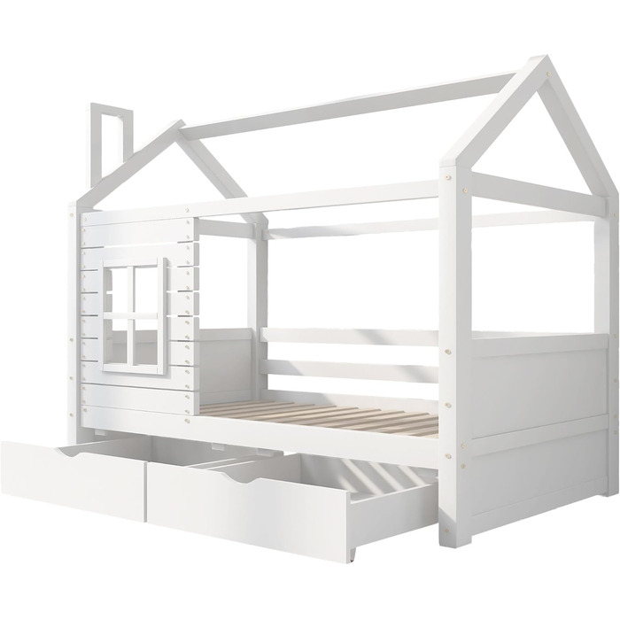 Дитяче ліжко 80x160 см з ящиками та віконцем, масивне дерево, захист від падіння, ламелі, для хлопчиків та дівчаток, ліжко-будиночок, без матраца, білий колір