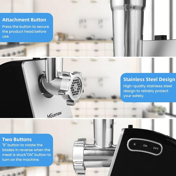 Електричний м'ясорубка Nictemaw Fleischwolf 2000W з 3 насадками: для фаршу, ковбаси та випічки. Підходить для м'яса, овочів та тіста (сірий)