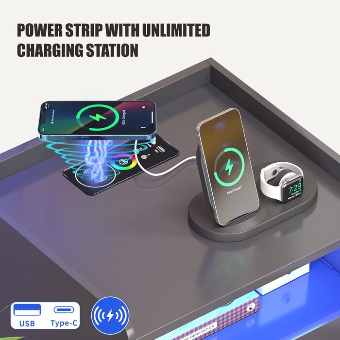 Нічний столик FREDEES з LED-підсвічуванням, ящиком та зарядкою, сірий (2 шт.)