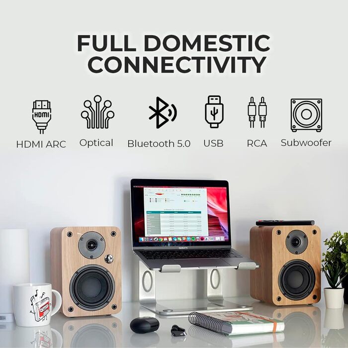 Активна акустика VULKKANO A4 ARC, 4 НЧ-динамік, Bluetooth 5.0, HDMI ARC, вихід на сабвуфер, коричневий