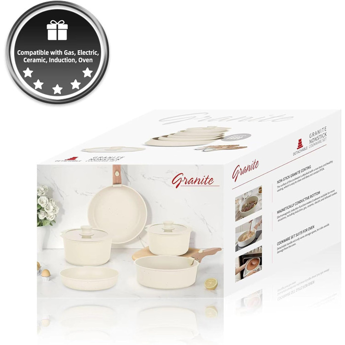 Набір каструль та сковорідок RIOVARM з індукційним дном та знімними ручками, антипригарне гранітне покриття, 16 предметів. Без PFOA.