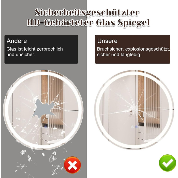 Дзеркало для ванної кімнати Mursche з підсвічуванням LED, 50x70 см, IP44, з сенсорним вимикачем та функцією запобігання запотіванню, регулювання яскравості 3000K-6500K