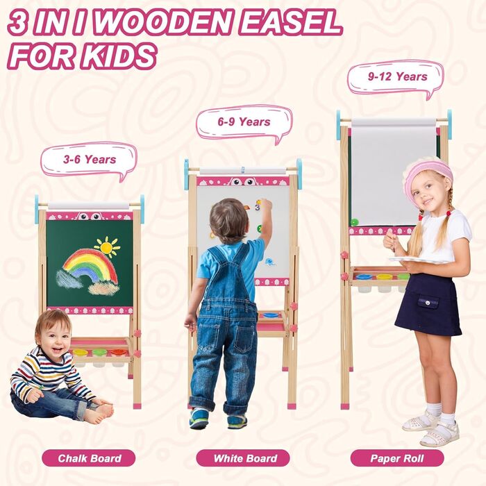 Дитяча мольберт Kinder Staffelei 3 в 1: регульована висота 95-125 см, ролик для паперу, двосторонній, з набором для малювання (100+ шт.), для дітей 3-8 років (рожевий)