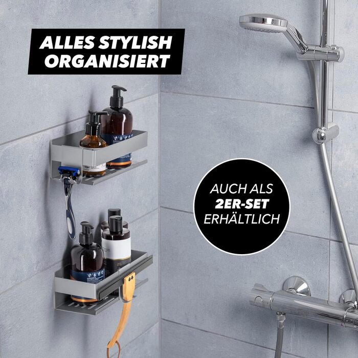 Набір з 2 полиці для душу Benkstein | Регульована полиця для душу без свердління | Корзина для душу, тримач для шампуню та гелю для душу | Організатор для ванної кімнати, полиця для душу (кріпиться на клей, срібло)