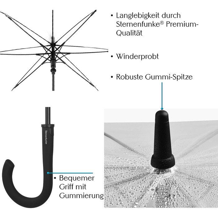 Парасолька зоряна іскра прозорий невеликий Ø101 см легкий прозорий парасольку весільний, прозорий парасольку з автоматичною функцією, парасолька прозорий Ручка тонка, ручка чорна